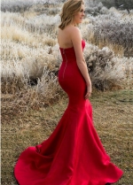 Strapless Satin Backless Red Prom Dresses Mermaid Style