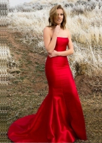 Strapless Satin Backless Red Prom Dresses Mermaid Style