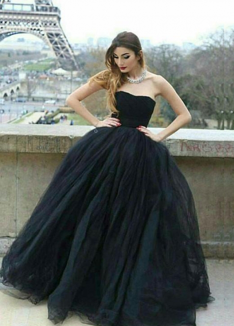 Strapless Open Back Black Prom Ball Gown Dresses with Tulle Skirt