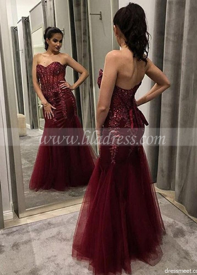 Sweetheart Beaded Lace Burgundy Fit&Flare Prom Gown Backless