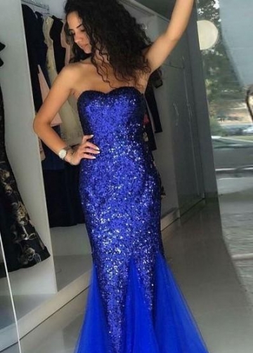 Strapless Sequin Royal Blue Prom Dresses with Tulle Pieces Skirt