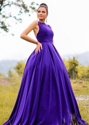Sleeveless Satin Backless Purple Prom Gowns Online
