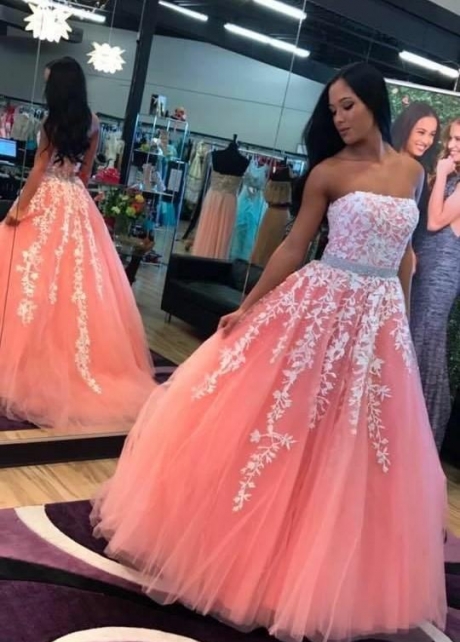 Strapless Floral Lace Coral Prom Dresses with Stones Belt