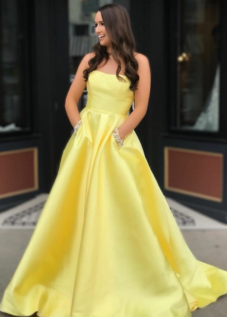 Strapless Satin Yellow Prom Dresses with Rhinestones Pockets