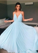 Skyblue Chiffon Prom Long Party Dresses V-neckline