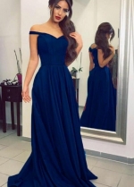 Simple Dark Blue Prom Long Dresses with Off-the-shoulder