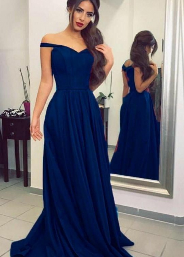 Simple Dark Blue Prom Long Dresses with Off-the-shoulder