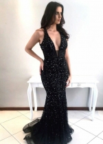 Sexy V-neckline Sequin Black Prom Dress with Rhinestones Bodice