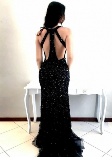 Sexy V-neckline Sequin Black Prom Dress with Rhinestones Bodice