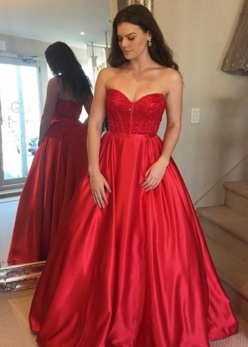 Satin Red Prom Wear Gown Dress with Beaded Bodice