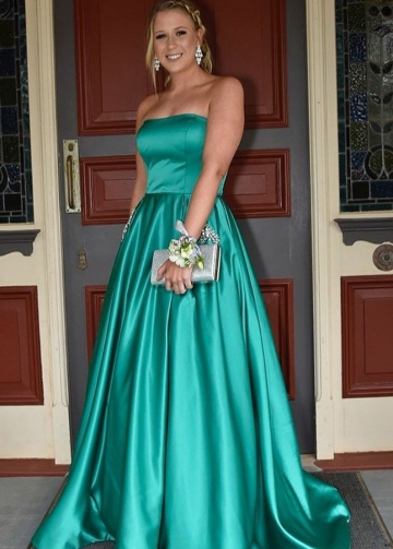 Strapless Satin Backless Green Prom Long Dress with Stones Pockets