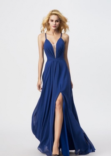 Strappy Blue Chiffon Prom Gowns with Plunging Neckline