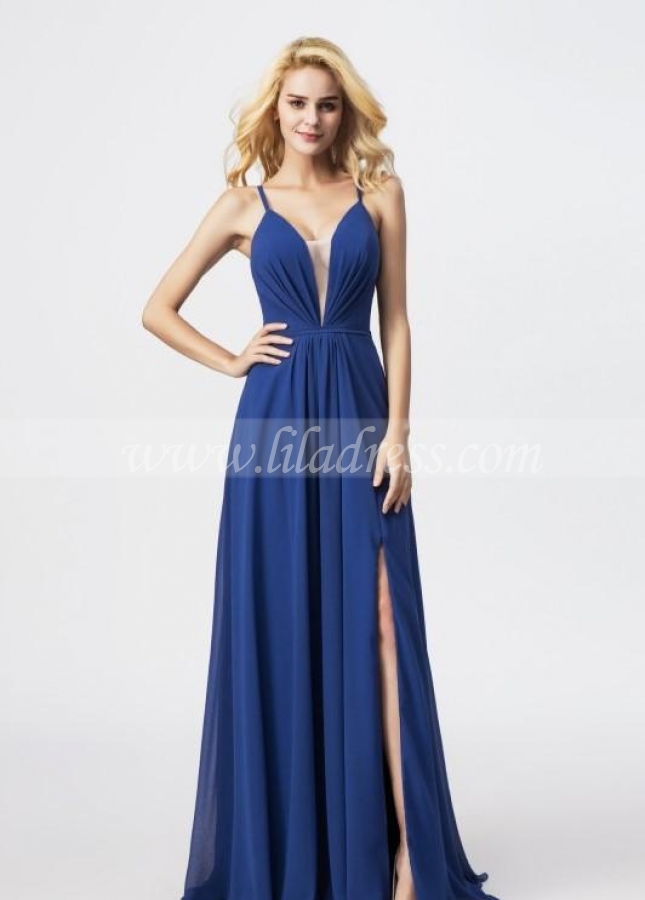 Strappy Blue Chiffon Prom Gowns with Plunging Neckline