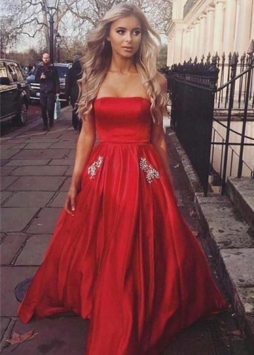 Strapless Satin Red Evening Dress with Rhinestones Pockets
