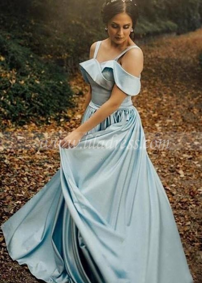 Satin Light Blue Prom Gowns with Folded Neckline