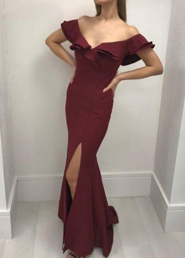 Satin Flounced Off-the-shoulder Prom Dress Mermaid Style