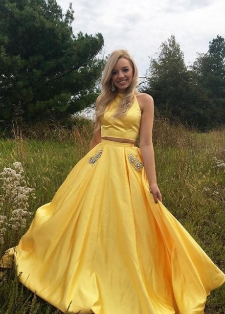 Satin Yellow Two Piece Prom Dresses with Rhinestones Pockets