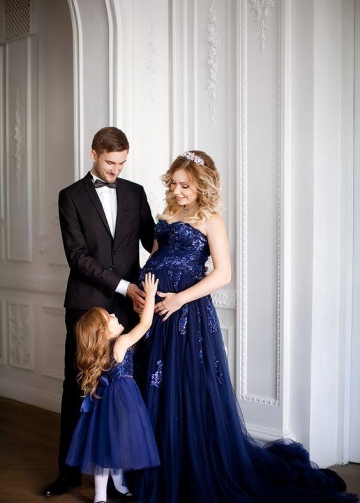 Sequined Details Maternity Gown Photography Long Tulle Dress for Wedding Baby Shower