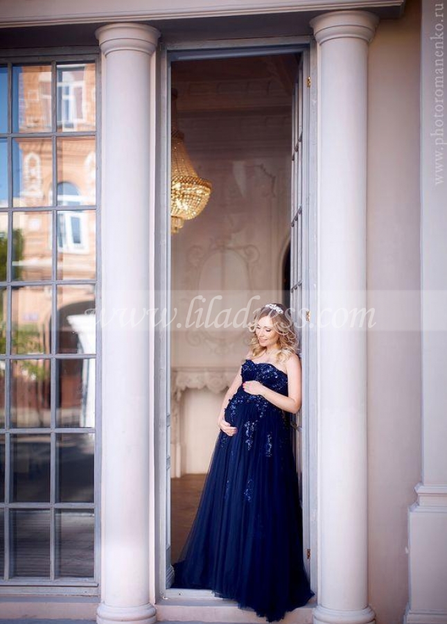 Sequined Details Maternity Gown Photography Long Tulle Dress for Wedding Baby Shower