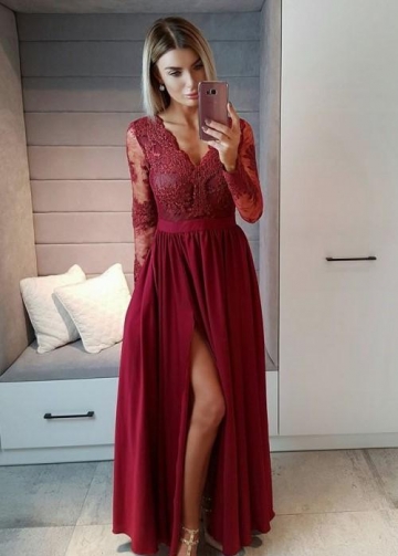 Sheer Long Sleeves Prom Dress with Lace V-neckline