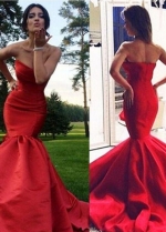 Satin Strapless Red Mermaid Dress for Prom with Open Back