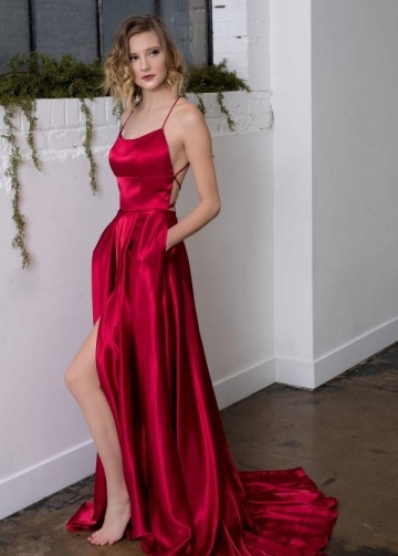 Square Neck Formal Prom Gowns with Double Pockets