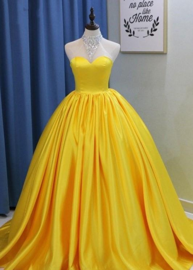Sweetheart Yellow Prom Ball Gown with Satin Skirt