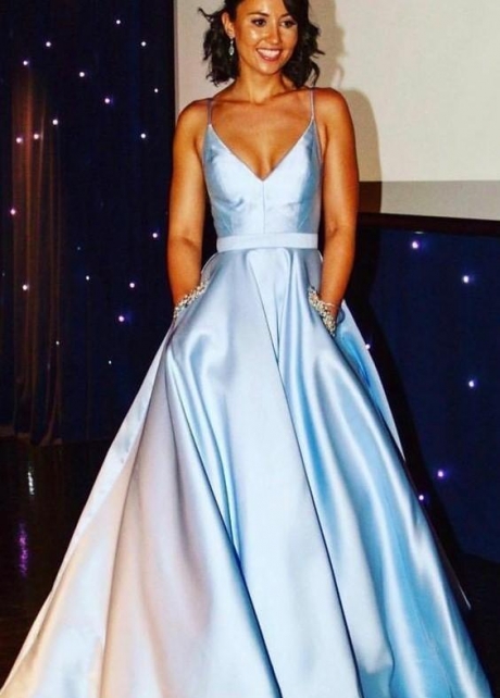 Sky-blue Satin Prom Gown with Beaded Pockets