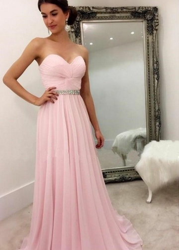 Sweetheart Chiffon Pink Formal Party Dress with Rhinestones Belt