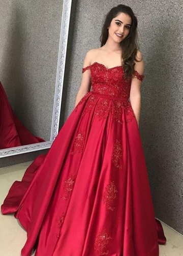 Satin Red Evening Gown with Beaded Lace Bodice