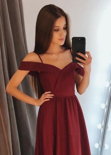 Simple Burgundy Evening Gown with Off-the-shoulder