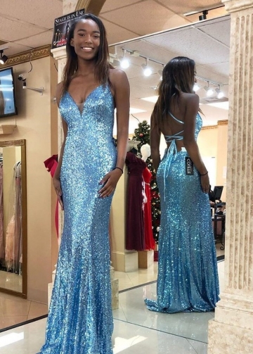 Sky-blue Sequin Prom Dresses with Strappy Back