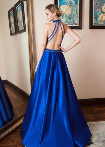 Satin Royal Blue Prom Dress Beaded Halter Neckline