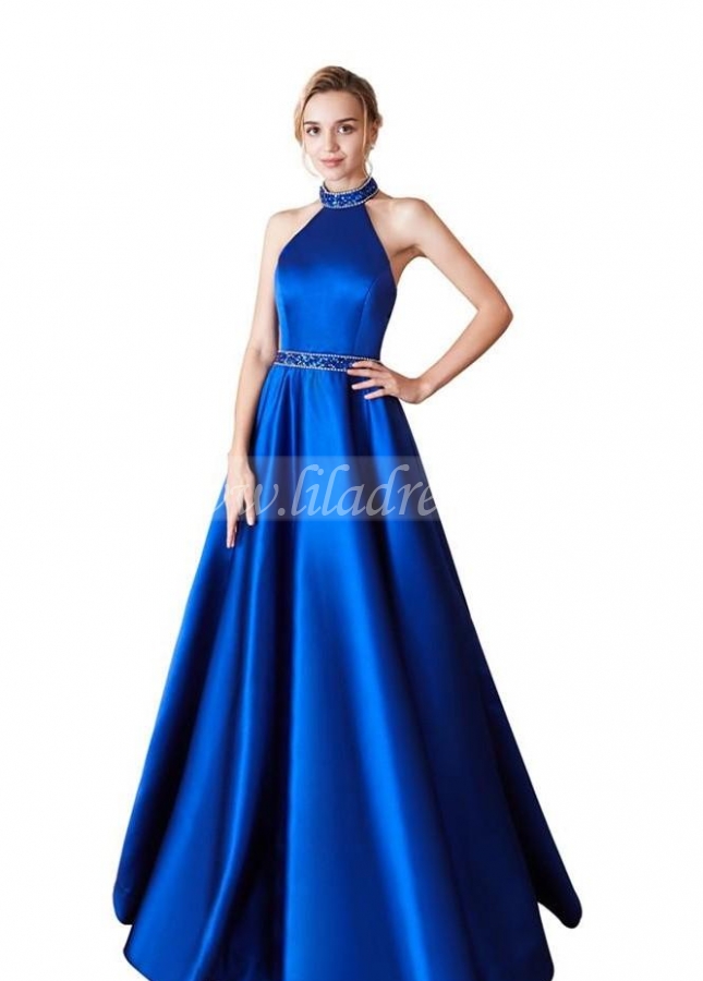 Satin Royal Blue Prom Dress Beaded Halter Neckline