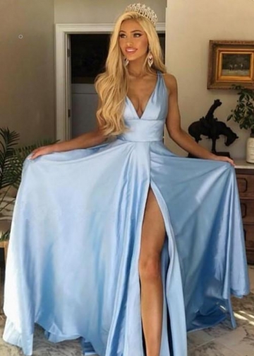 Sky-blue Long Party Dress with High Leg Slit Side