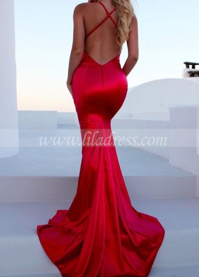 Side Slit Red Mermaid Prom Dresses with X Backless