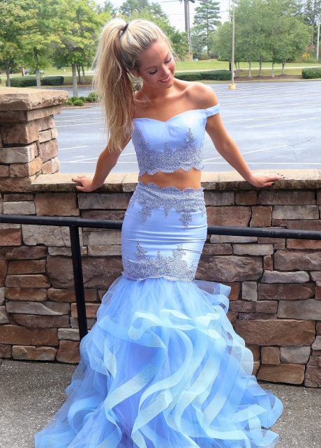 Satin Tulle Two-piece Light-Blue Prom Dresses with Layers Skirt
