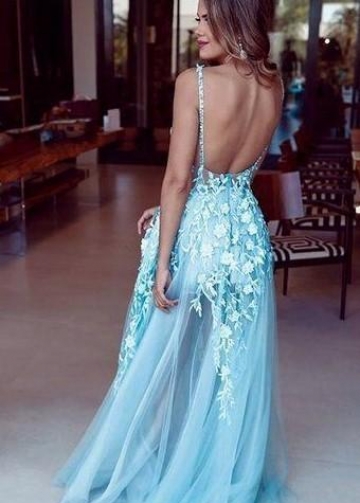 See-through Floral Lace Prom Dress with Deep V Neckline