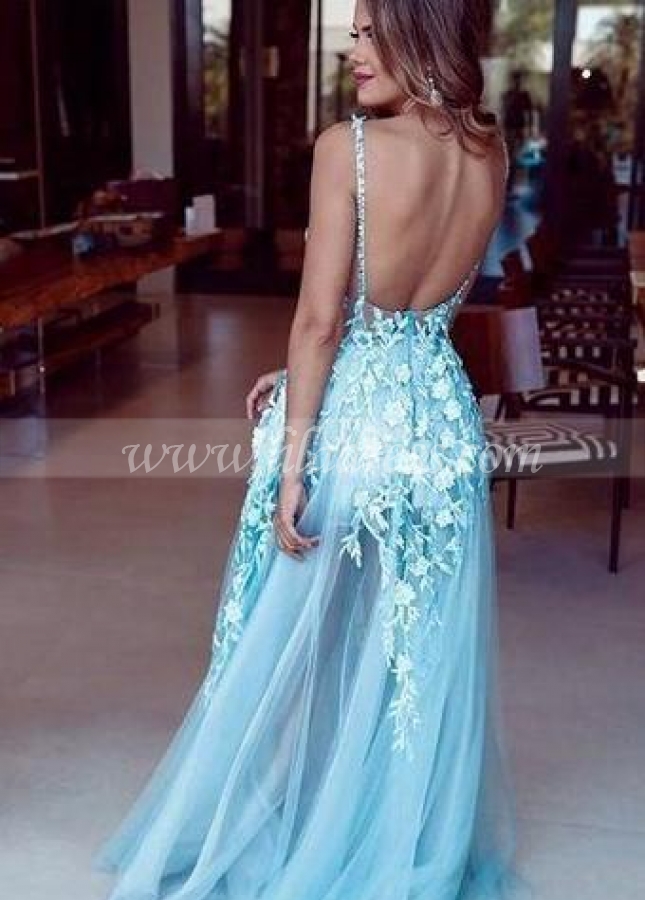 See-through Floral Lace Prom Dress with Deep V Neckline