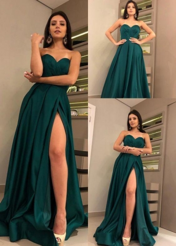 Sweetheart Hunter Green Prom Dresses with High Thigh Slit