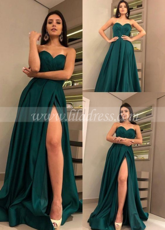 Sweetheart Hunter Green Prom Dresses with High Thigh Slit