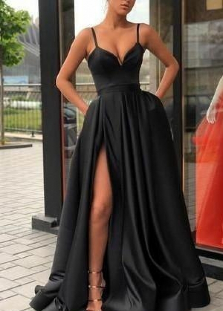 Sweetheart Satin Black Prom Evening Gown with Pockets