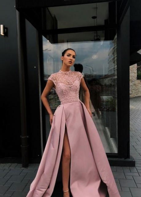 Satin Beads Pearls Prom Gown with Illusion Cap Sleeves