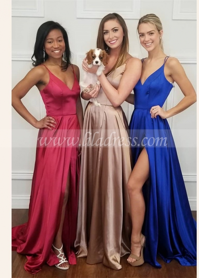 Side Slit Maxi Long Prom Dresses with Spaghetti Straps