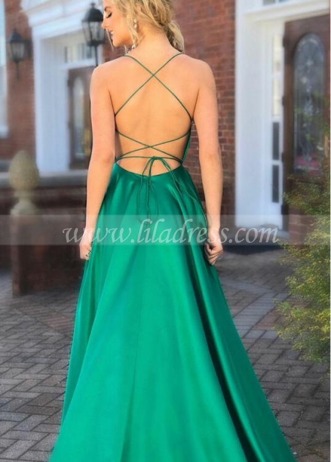 Square Neck Simple Long Prom Gown with Strappy Open Back