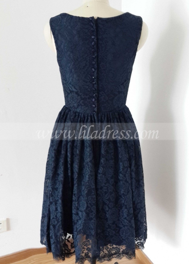 Short Lace Navy Blue Bridesmaid Dresses Sleeveless