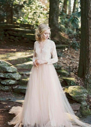 Scalloped Lace V-neck Blush Wedding Dress Long Sleeves vestido de casamento