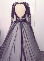 Stylish Lace Appliqued Tulle Black Wedding Gown with Sleeves