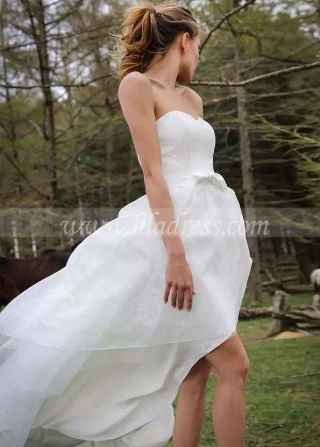 Strapless Hi-lo Organza Wedding Dress with Bow Sash