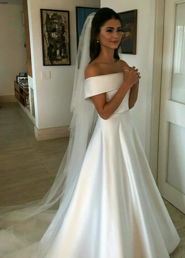 Simple Satin Bridal Dress with Fold Off-the-shoulder